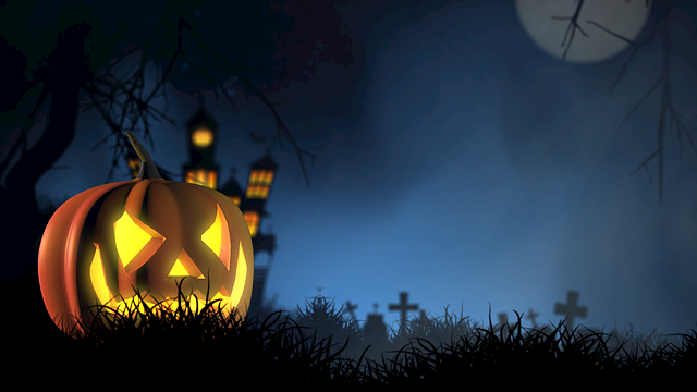 A picture of a graveyard at night, with a creepy castle in the background and an evil looking jack 'o lantern in the black grass in the foreground
